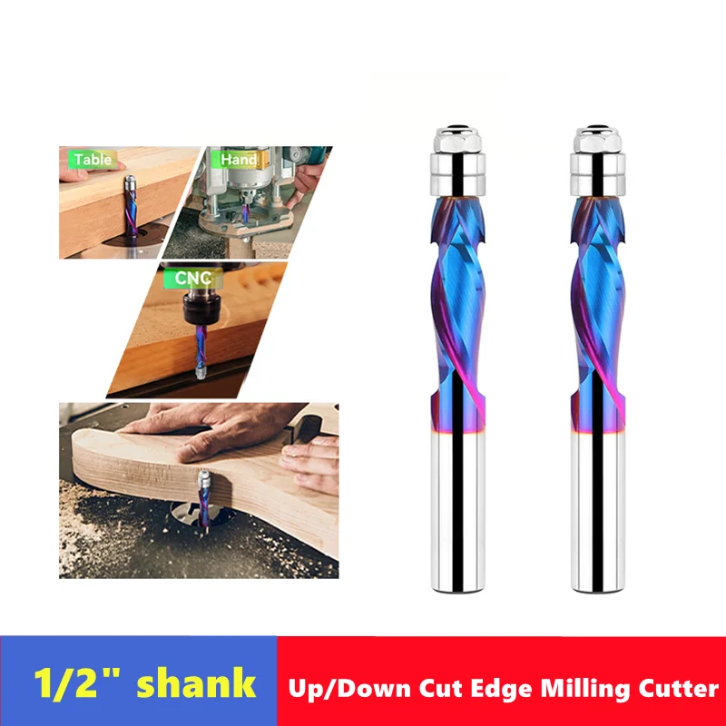 

12.7mm (1/2 inch) Shank CNC Router Nano Blue Coated Solid Carbide Bearing Drive Double Groove Leveling Trimming and Milling Tool