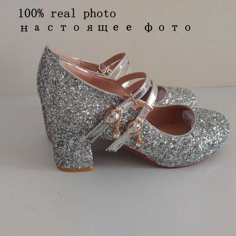 ASILETO women strap pumps platform wedding shoes sequin Glitter Rhinestone buckle block heels party dress silver chaussure