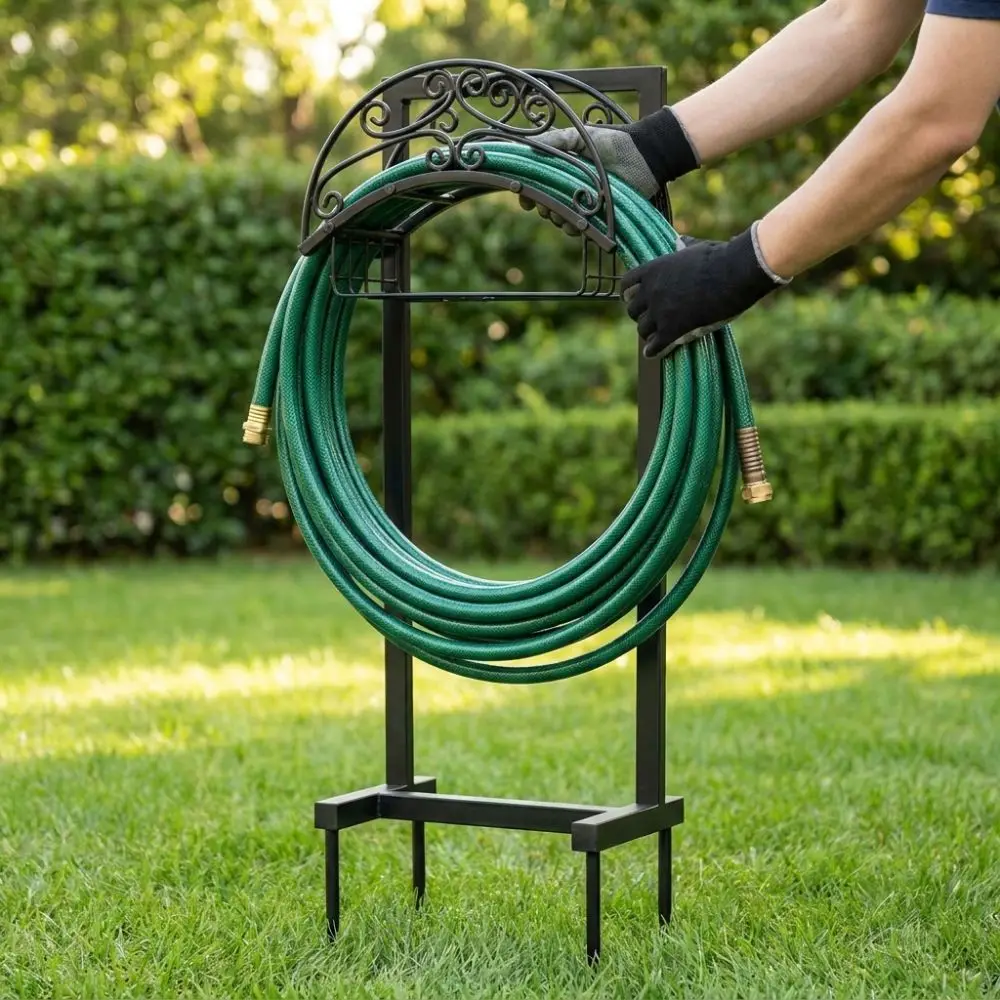 Vintage Garden Hose Rack Heavy Duty Ground Insert Water Hose Hanger Vertical with Storage Basket Pipe Storage Organizer