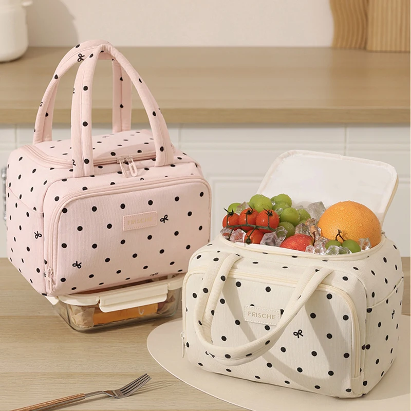 Pink dot insulated portable lunch bag - Handheld insulated and refrigerated food storage bag