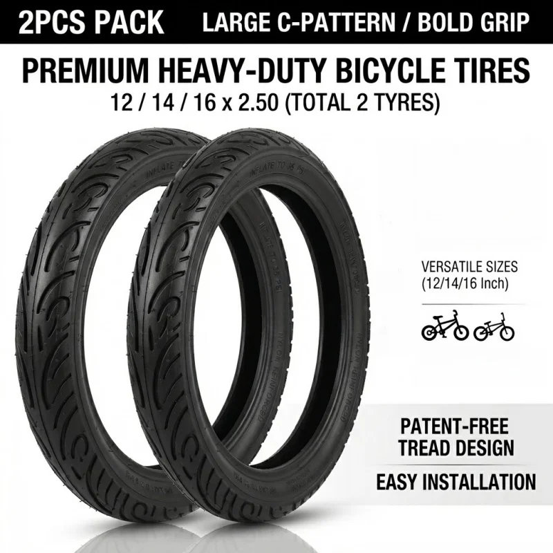 

2Pcs Bike Tires 12 14 16 x 2.50 Wide Bicycle Tyres Kids Balance Bicycle Electric Folding E-Bike Scooter Replacement Wheel Tyre