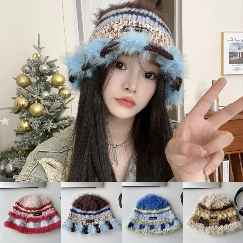 Korean Version Women's Casual Retro Striped Hat Winter Coldproof Warm Handmade Knitted Bucket Hats Women's Journey Photography