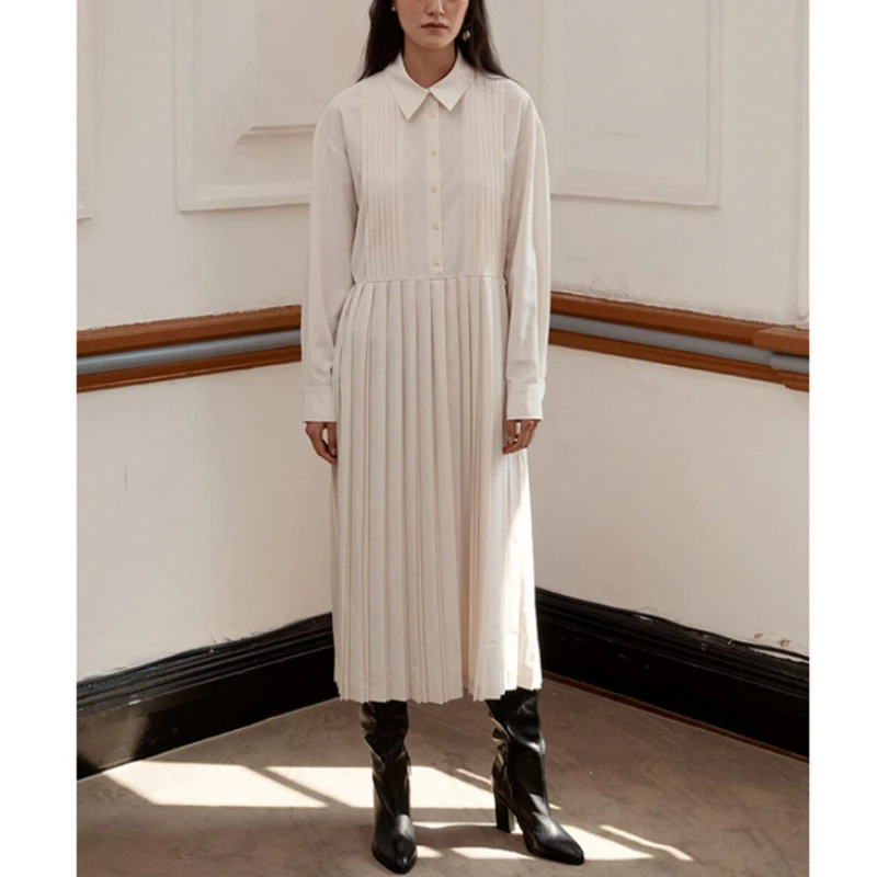 

Women's L0* Pleated Shirt Midi Dress Autumn and Winter Commuter Loose Lapel Long Sleeve Dresses Vintage Summer