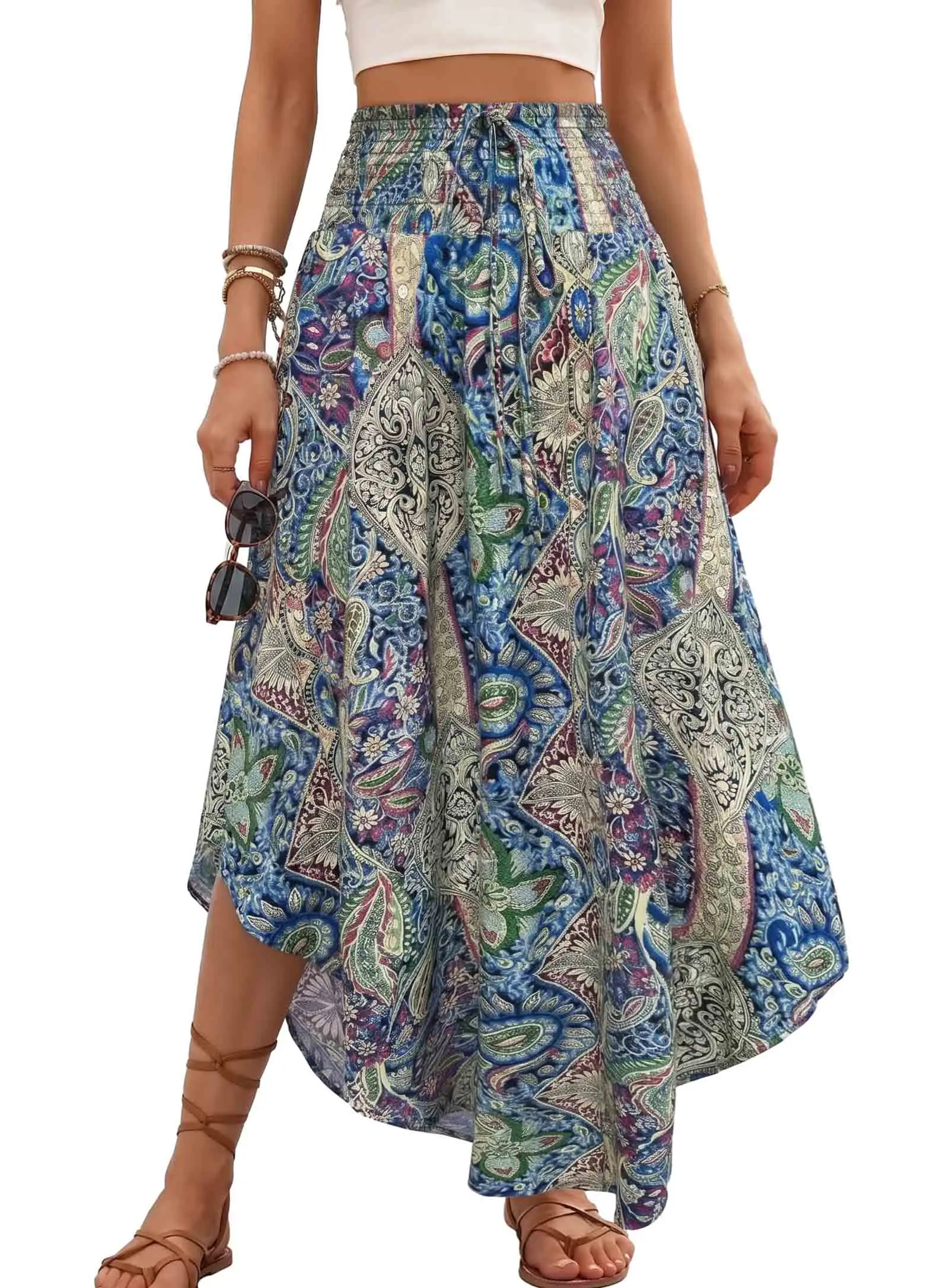 

Boho Maxi Skirts for Women Waisted Pleated Flowy Bohemian Floral A Line Long Skirt Summer Beach Vacation Outfit