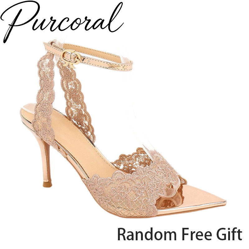 Purcoral Champagne 2026 Nuevas Sandalias de Tacón de Aguja con Correa al Tobillo y Encaje Floral, Punta Puntiaguda, para Mujer, Zapatos de Tacón Alto para Boda