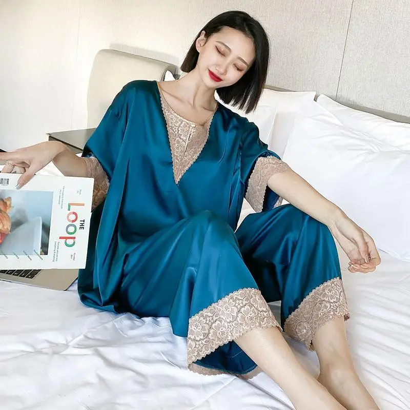 Silks Sleepwear Women Large Size Pajama Sets Lace Patchwork Tops Pants Two Pieces Loungewear V-neck Nightwear Luxury High-end