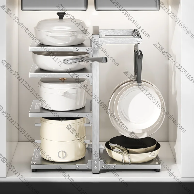 Suitable for Pot Rack, Kitchen Storage, Multi-layer Finishing, Cabinet Lower Sink with Hook 304 Stainless Steel Pot Storage Rack