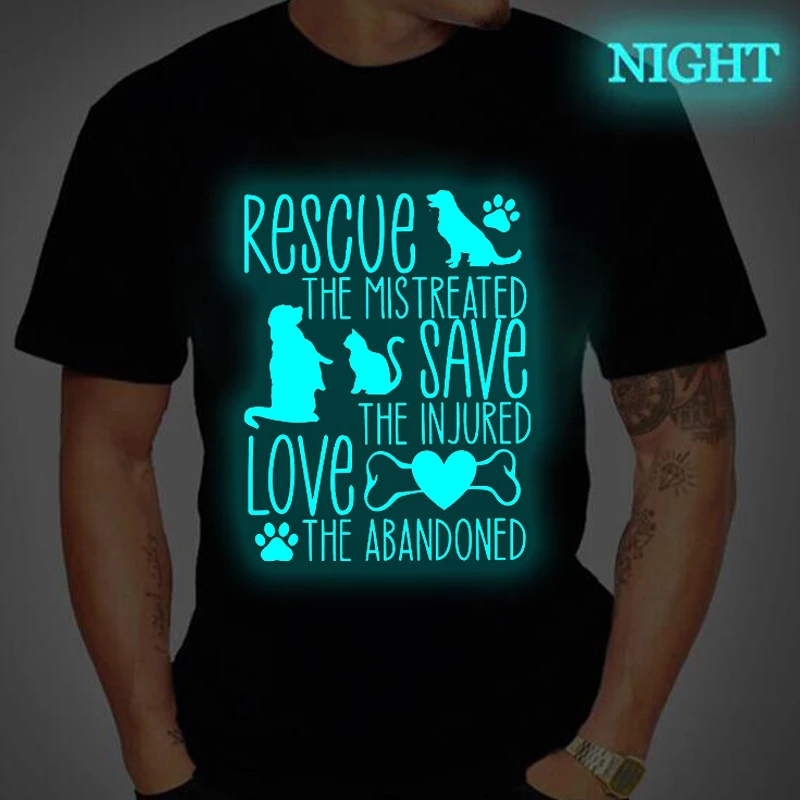 

Vintage Dog And Cat Print Shirt Women Men Luminous Style Tshirt "Rescue The Mistreated Save The In Jured Love The Abandoned" Tee