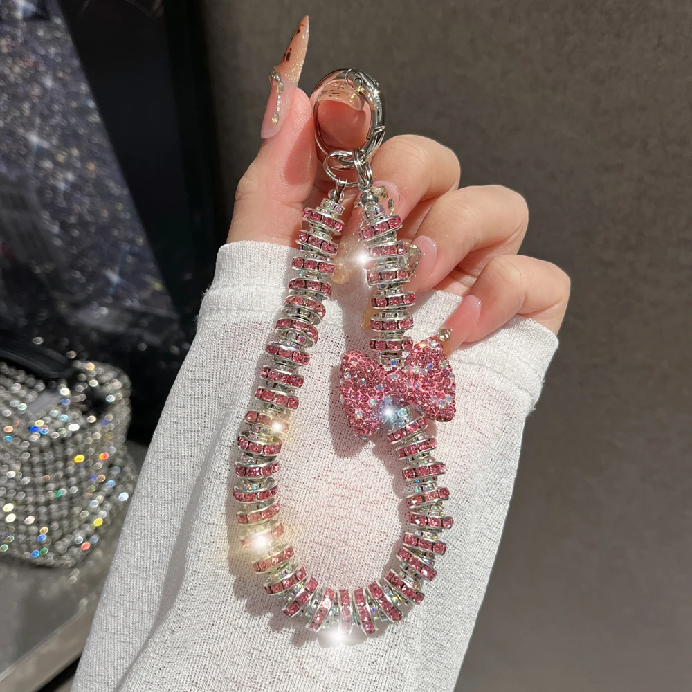Rhinestone Bow Wrist Strap Phone Pendant Keychain, Glitter Gift