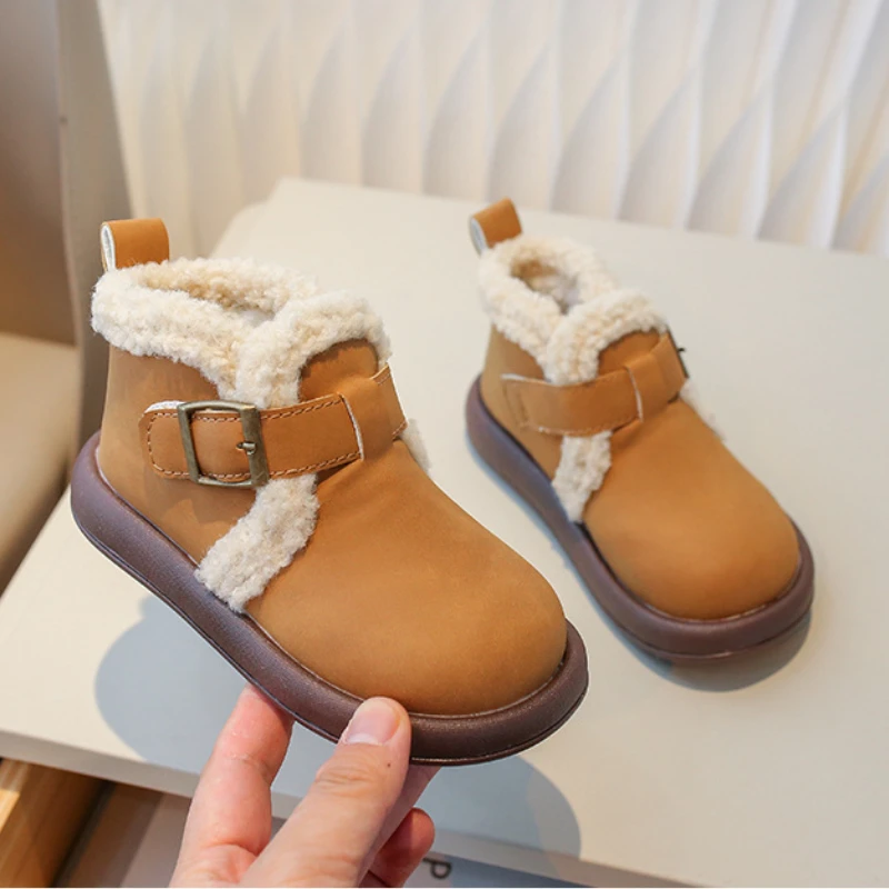 2023 Winter Children\'s Boots Fashion Warm Versatile Kids Ankle Short Boots Causal Fluffy Girls Outdoor Cotton Boots Hook Loop