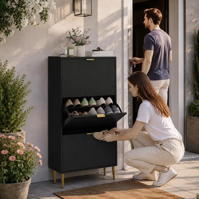 Meuble à chaussures 18 paires avec 3 tables rabattables, portes cannelées et étagères réglables, 60x24x122.5cm, noir Structure de rangement multi-niveaux pour organiser le rangement des articles quotidiens