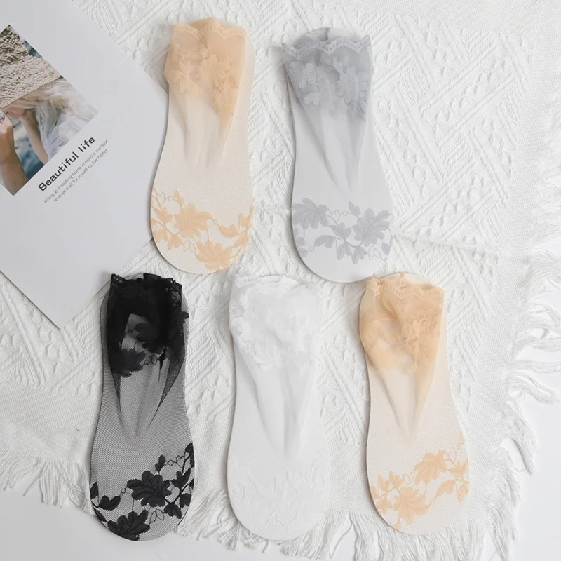 

5 Pairs/Lot Socks Breathable Elastic Women's Lace Transparent Invisible Summer Thin Non-slip Short Ankle Black Low Cut Boat Sock