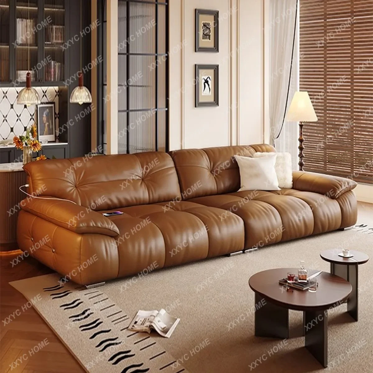 HH Leather bread cloud Italian modern simple first layer cowhide straight row sofa