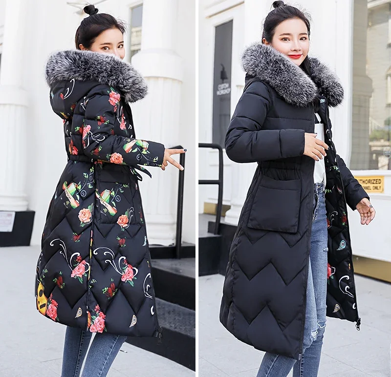 Winter Printed Large Fur Collar Medium Length Double-Sided Cotton Jacket Coat Women