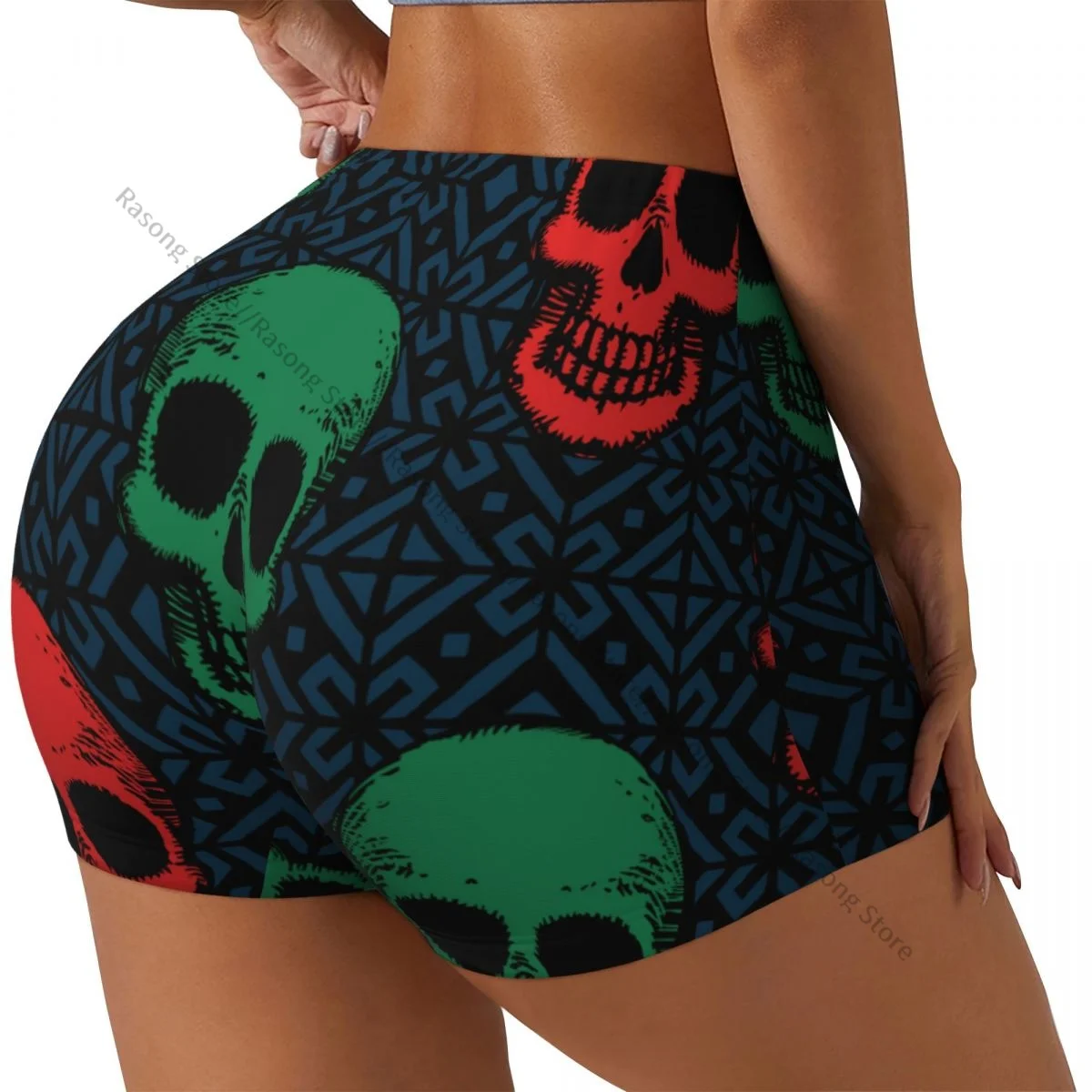 Push Up Short Elasticity Scrunch Butt Colorful Skulls Illustration Running Shorts Sports Shorts Womens Clothes Gym