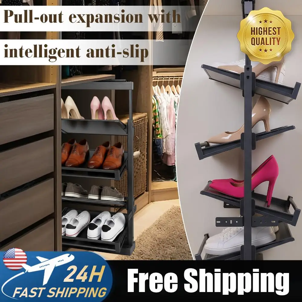 

4 Tier Pull-Out Vertical Shelf Organizer Adjustable Height Retractable Metal Stackable Shoe Rack for Closet Cabinet