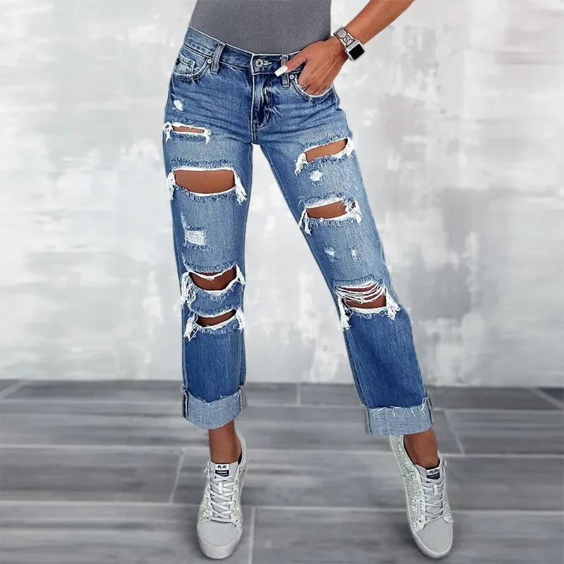 

Ripped Straight Leg High-waisted Jeans, Women's Spring and Summer New Fashion Straight Pants, Street Personality Abrade Jeans