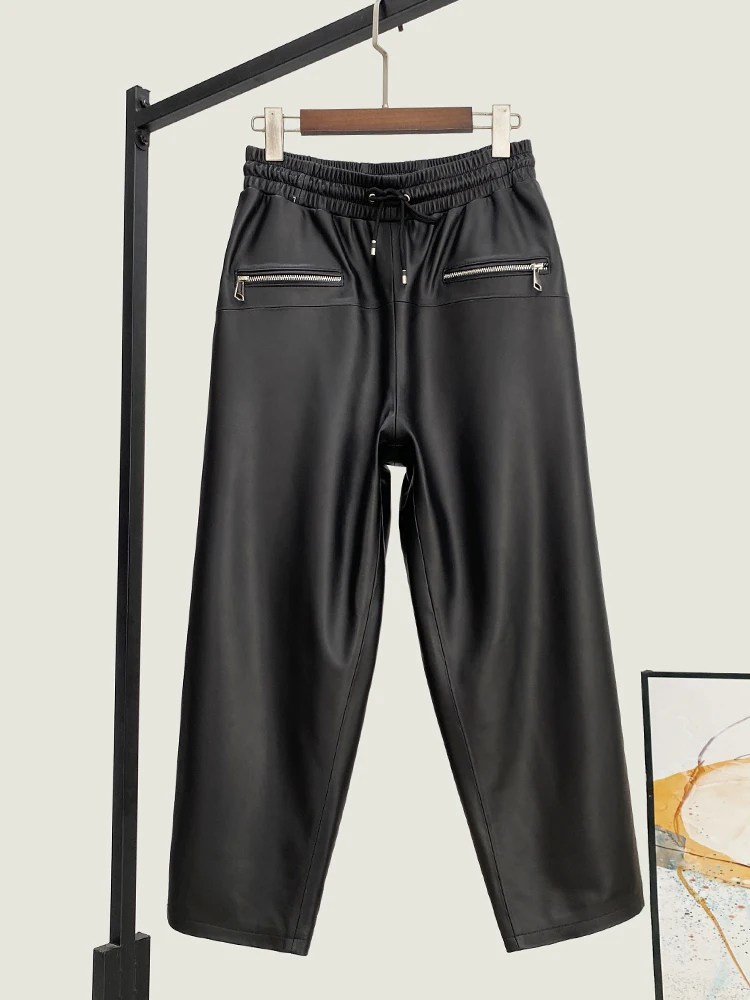 Winter New High Quality Genuine Real Leather Pants Women's Fashion All-Match Waist Loose Casual Cropped