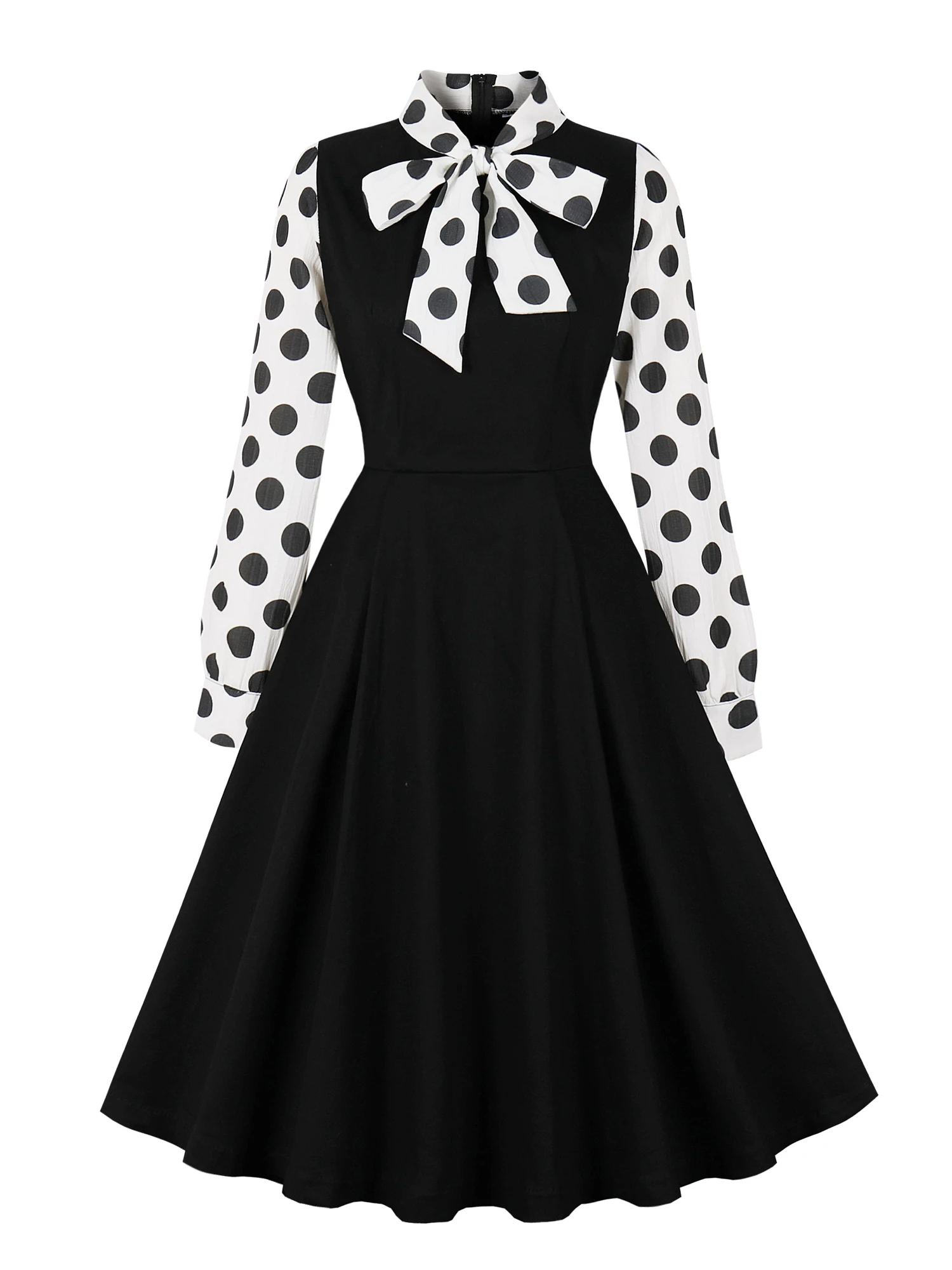 

Viifaa Vintage Bow Tie Neck Polka Dot Long Sleeve Black Dresses 50s Elegant Spring Autumn Women Cotton Flare Dress