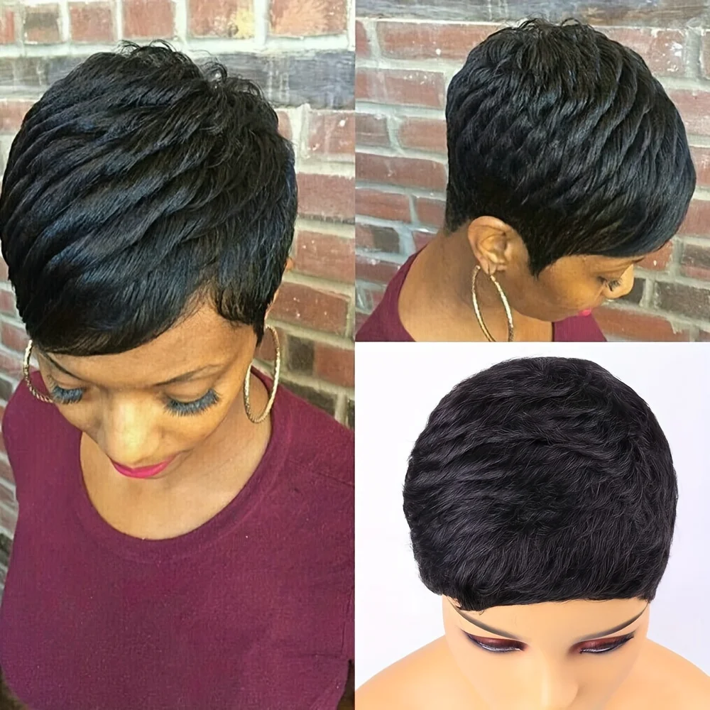 machine made pixie short human hair wig for women short layered pixie human hair wig 4inch natural black color 150% density