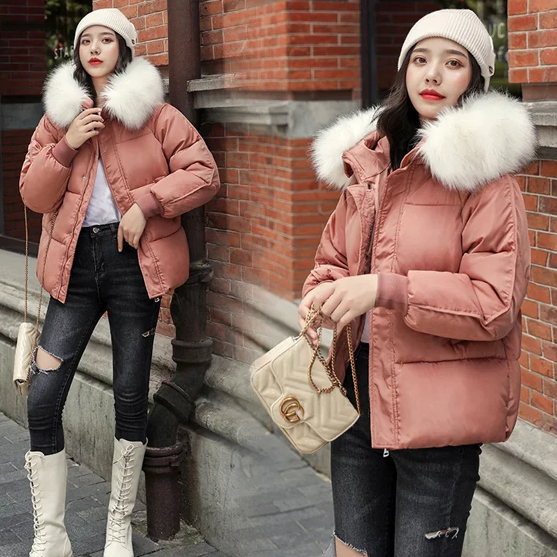 Ladies Winter 2022 New Fashion Large Fur Collar Hooded Thick Cotton Down Thick Winter Jacket Pure Color Simple Trend Parker Coat