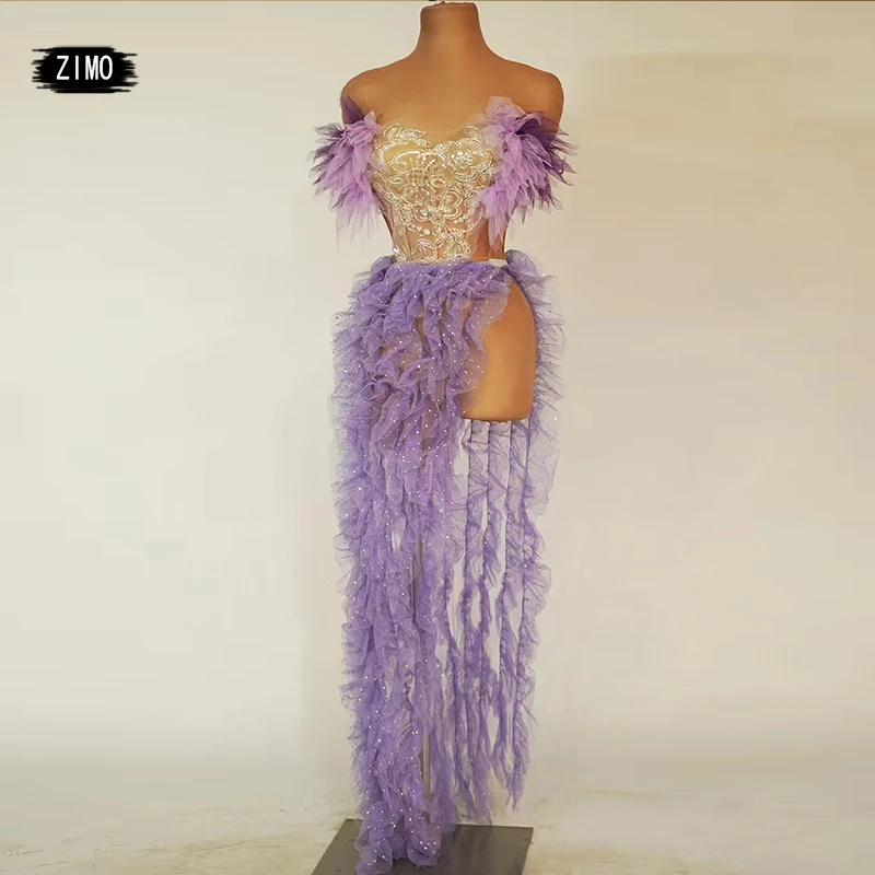 Vestido Sexy de encaje con espalda descubierta para mujer, top y falda de 2 piezas, color morado y rojo, traje de noche para celebración, actuación,