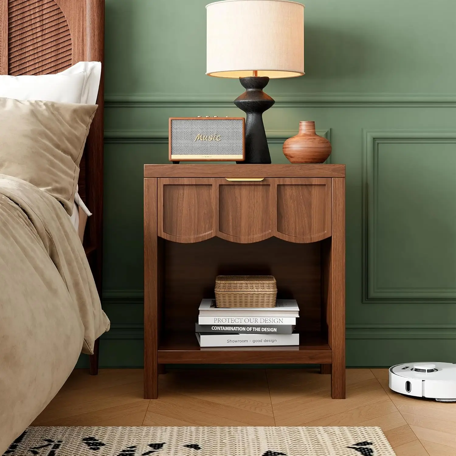24" Nightstand Set Of 2, Solid Wood End Table With Wave Panel Drawer, Mid Century Modern Chest Of Drawers, Wooden, Customized - view 3
