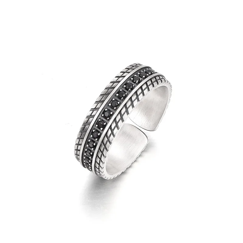 Temperament Thai Silver Ring For Men Simple Geometry Black Line Rings Trendy Vintage Jewelry Boy Friend Gift KOFSAC