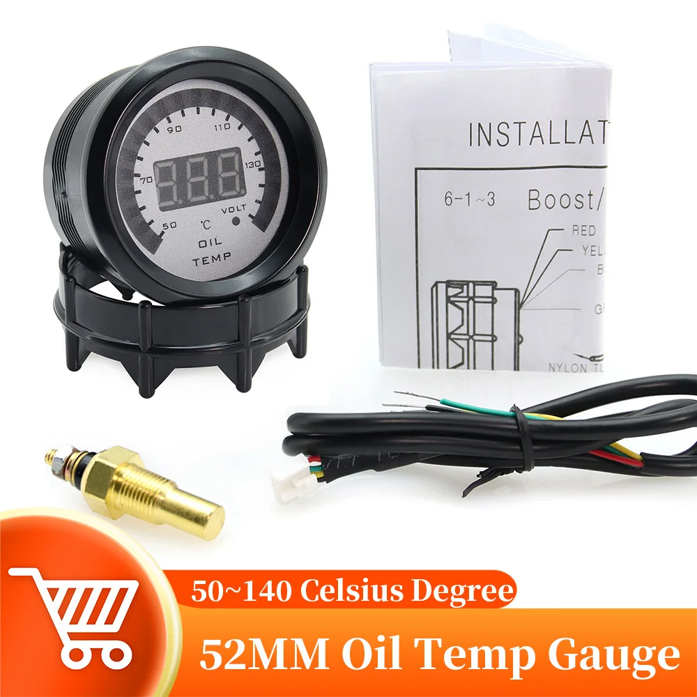 52mm Universal Oil Temperature Gauge 50~140 Celsius Voltmeter 1/8NPT Oil Temperature Sensor  For 12V Gasoline Vehicle