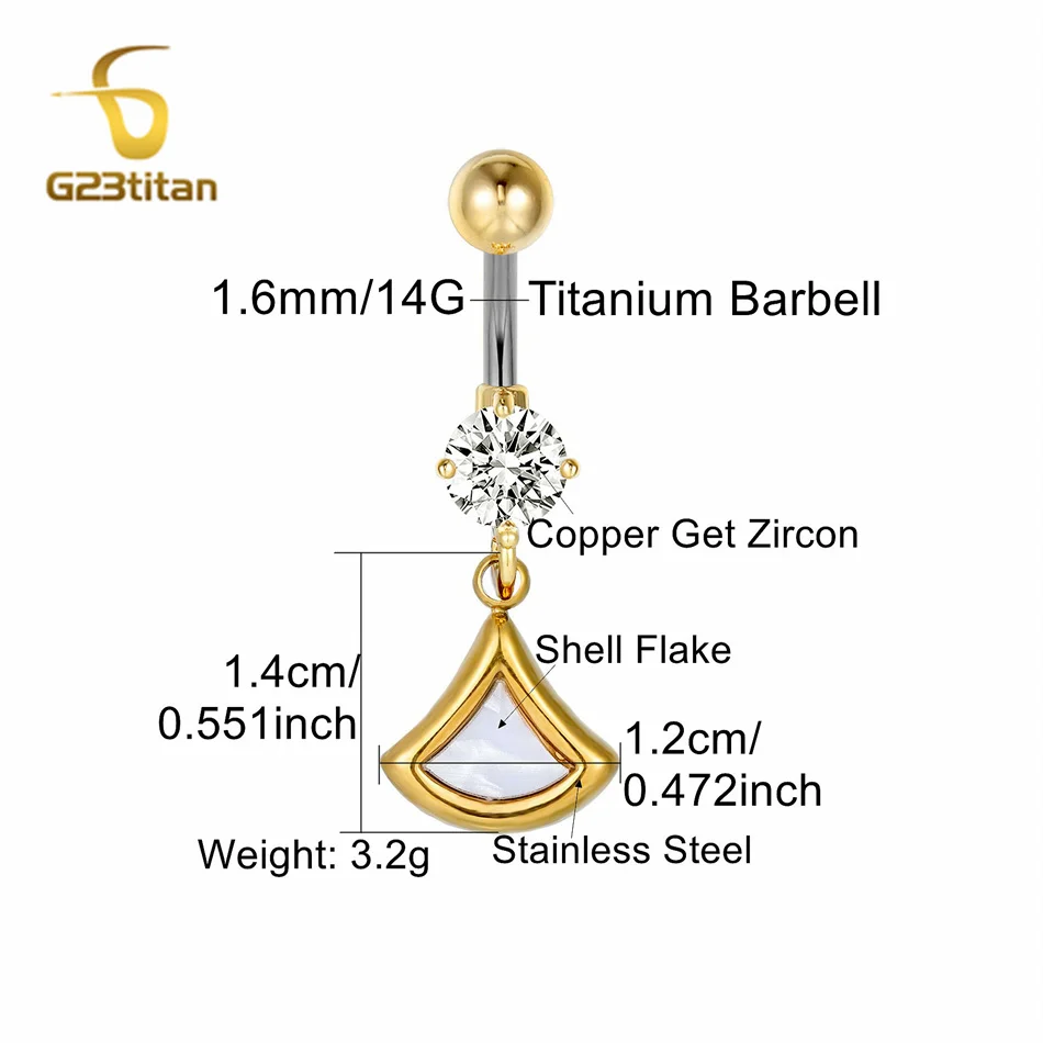 خواتم السرة الأنيقة قطاع المتدلي مطعمة قذيفة بيضاء سحر F136 التيتانيوم ثقب البطن الحديد 14 جرام مثير Shoop النساء المجوهرات