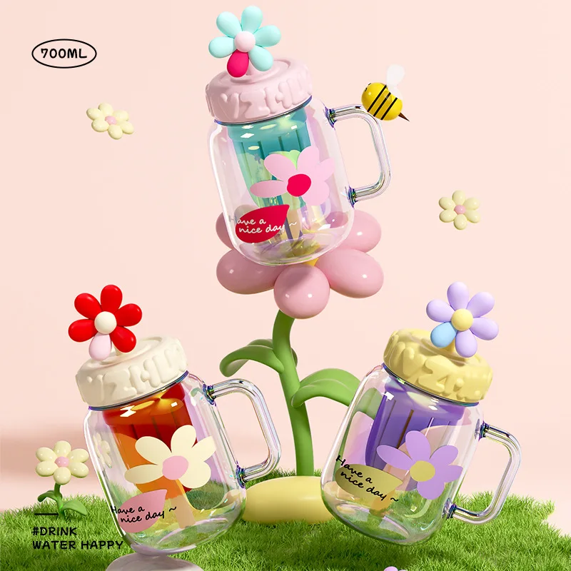 

700ML Colorful Glass Straw Bottle glass Cup Cute Flower Dust Cap Water Bottle Beverage Fruit Juice Milk Tea Cup For Girl