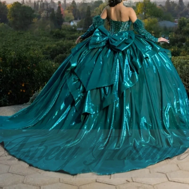 

Customized New Hunter Green Women Prom Birthday Party Dresses With Detachable Sleeve Bow Ball Gown Vestido De 15 16 Quinceanera