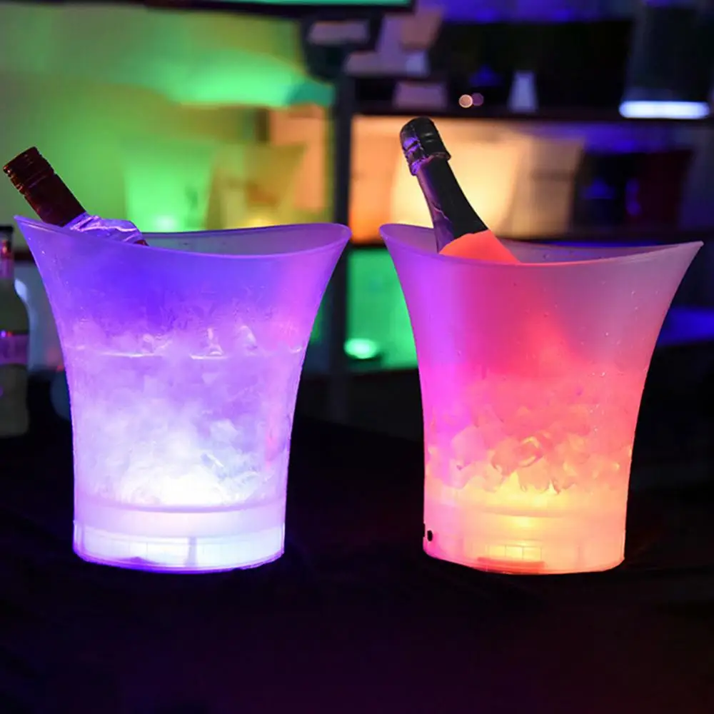 1Pc 5L Ice Bucket with LED Colorful KTV Bars Wine Champagne Beer Cooler Barware Waterproof PP Whiskey Ice Bucket Bar Accessories