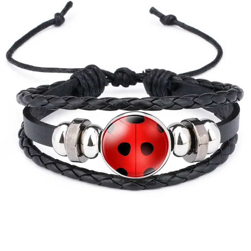 New Cat Paw Bracelet for Women Red Lady Bird Insect Anime Cartoon Style Handmade Leather Bangles Kids Gift