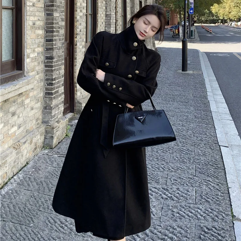 Retro Wool Coat Women's 2024 Spring Autumn New High-Quality Temperament Black Long Woolen Jacket Korean Fashion Luxury Outerwear