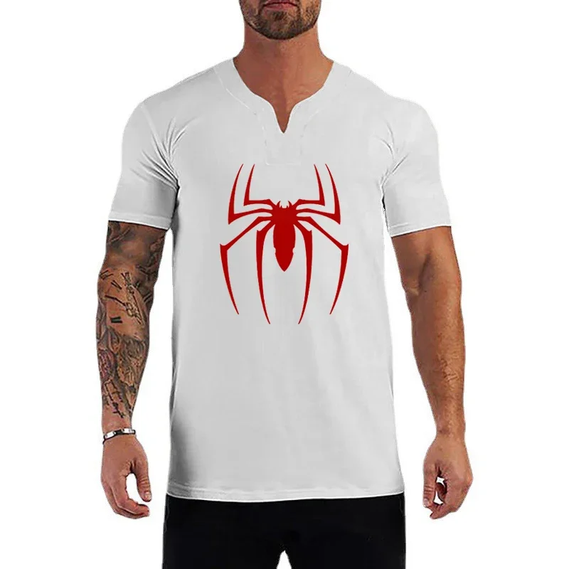 Red Spider Printed Running Sport Tops Gym Bodybuilding Mens Fitness V-neck T-shirts Cotton Breathable Short Sleeve Muscle Shirts