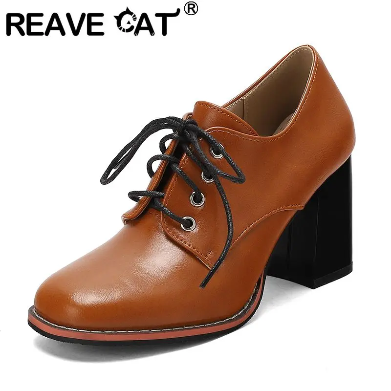 

Туфли-лодочки REAVE CAT красные женские с квадратным носком, на каблуке 8 см, на шнуровке, большие размеры 46, 47, 48, повседневные, офисные, ручной работы