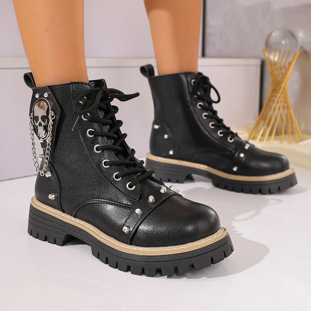 2025 Gothic Style Skull Metal Chain Women's Mid-calf Boots Autumn Thick Sole Comfortable Women's Motorcycle Boots Women's Shoes