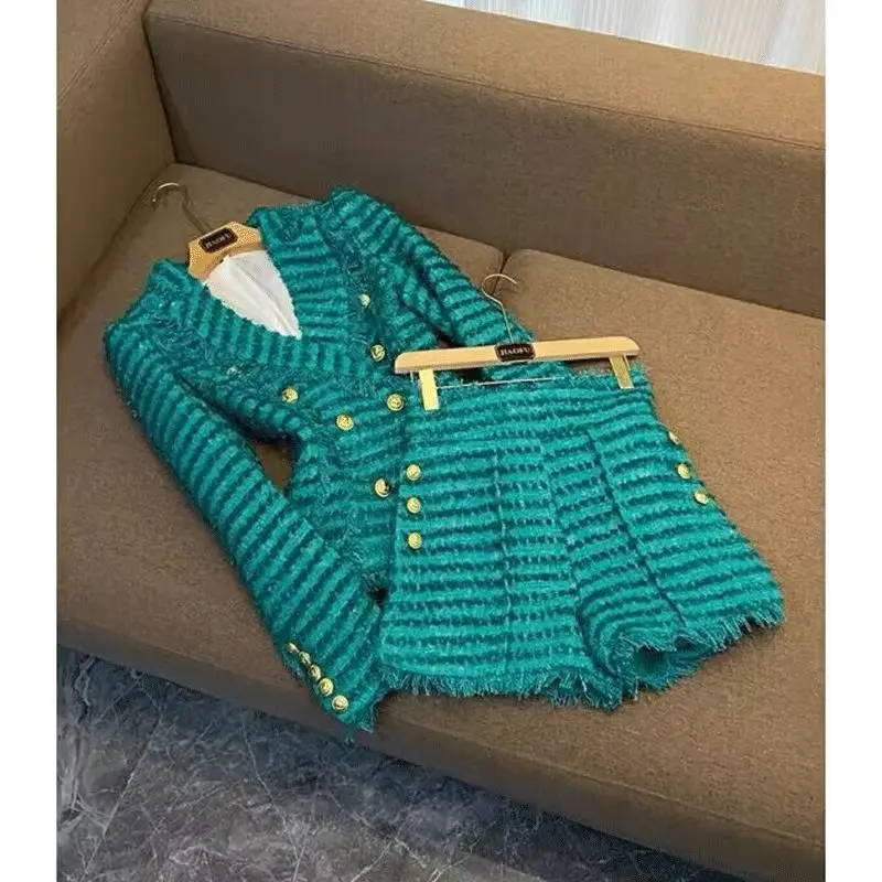 Fato vintage de Tweed feminino, jaqueta dupla, casaco, calças curtas, roupa de inverno, roupa de jacquard, elegante, conjunto de 2 peças