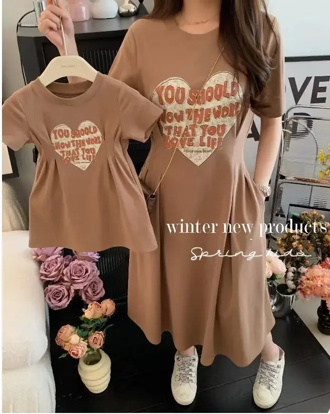 2026 Korean Family Clothing Summer Fashion Solid Color Printed Love Mother and Daughter Short Sleeve Casual Dress 90-140 M-2XL