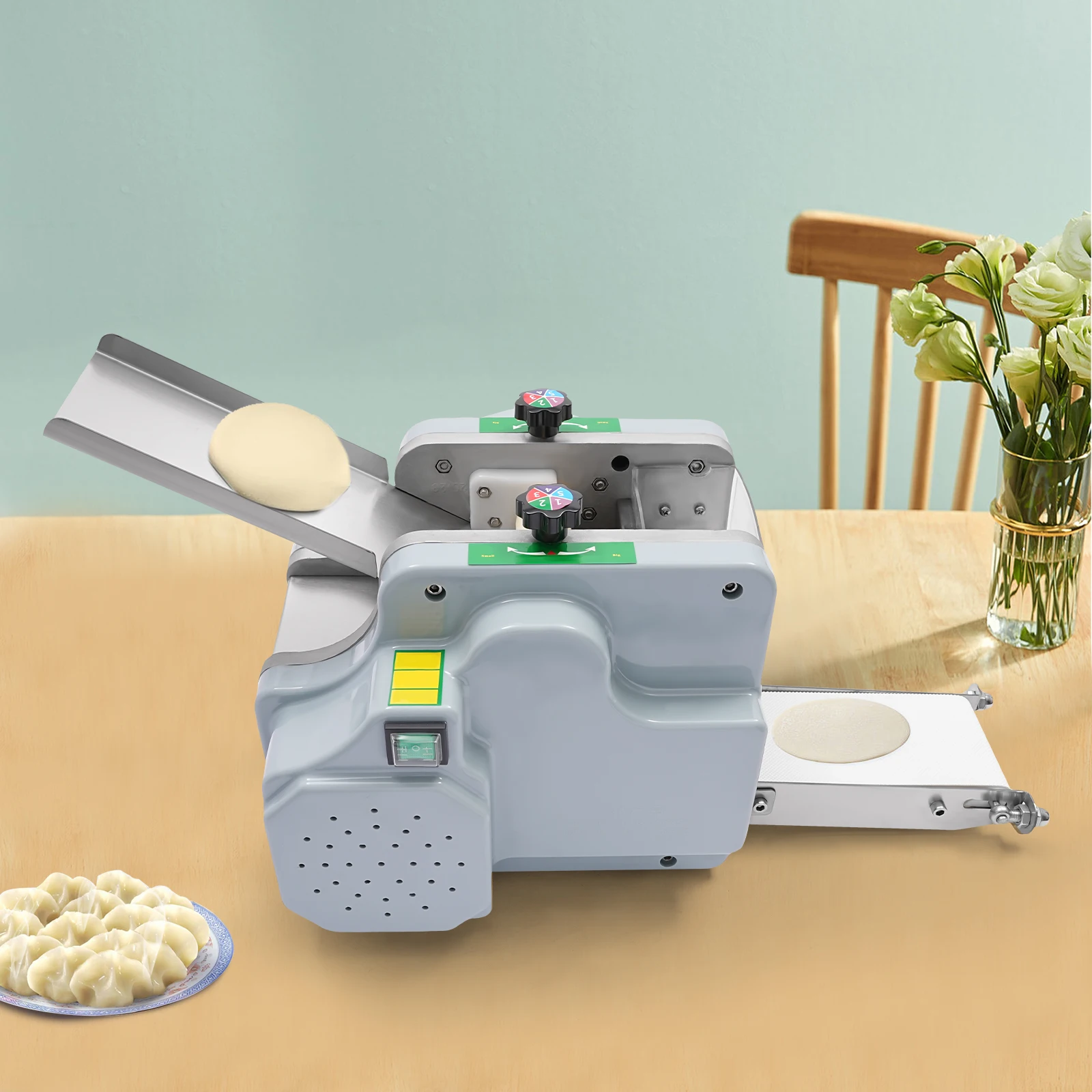 

110V 140W Automatic Dumpling Wrapper Machine, Electric Dumpling Skin Maker and Dough Roller, 9cm/3.54in, 60 sheets per minute