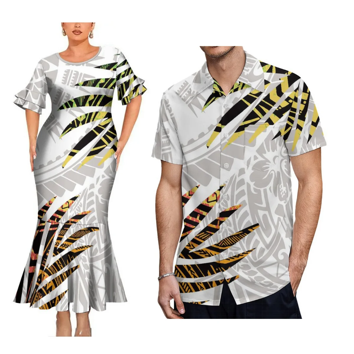 Island Style Couple Set Polynesian Dress Temperament Fishtail Long Skirt Midi Party Men'S Shirt Samoan National Costume