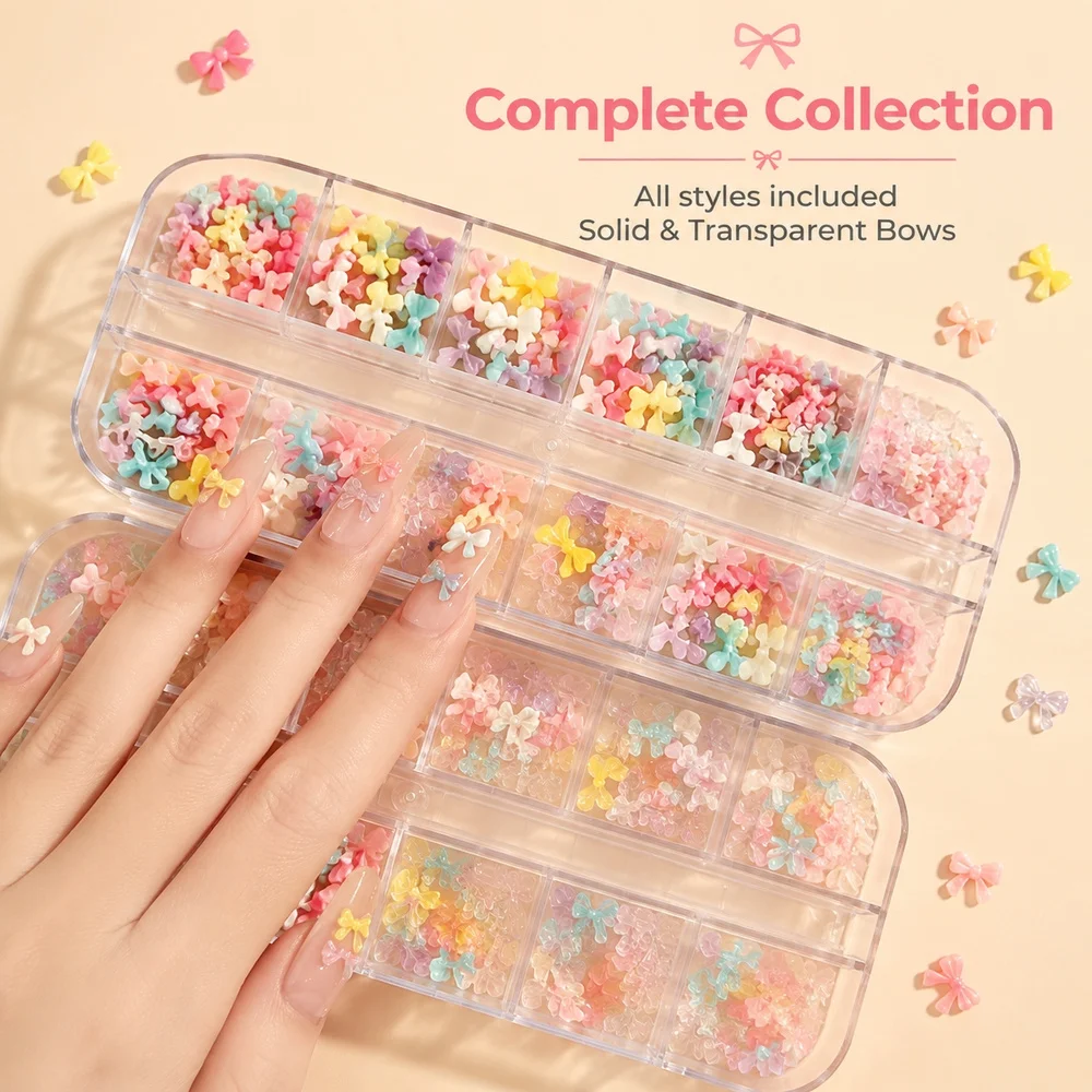 3D Resin Bowknot Nail Charms 12 Grids Box Mixed Pastel Macaron Flat Back Bow Beads Kawaii DIY Acrylic Gel Nail Art Decorations