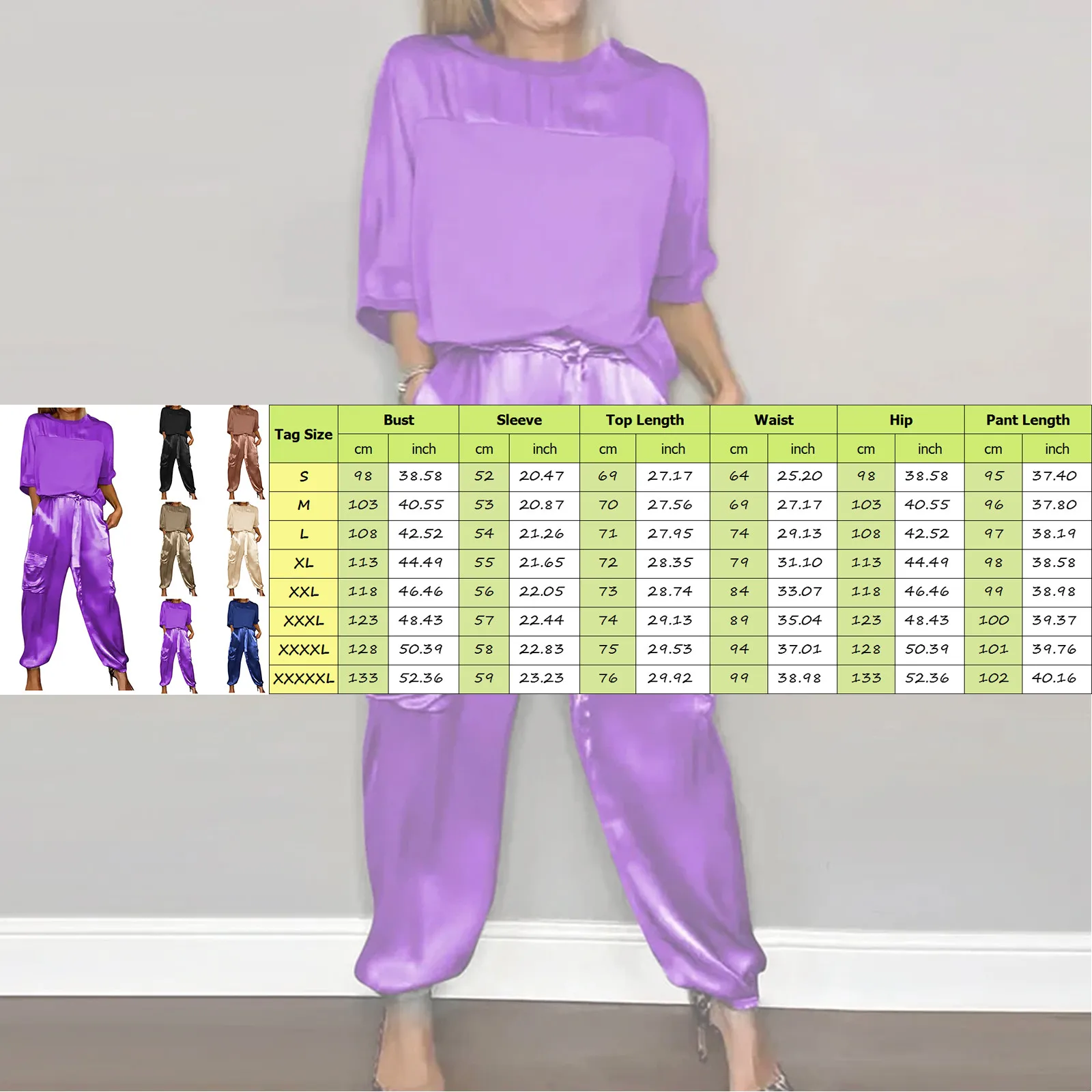 Women Tracksuit Smooth Satin Half Sleeve Tops Round Neck T-Shirt Wide Leg Drawstring Ankle Banded Pants Solid Color Summer Suits