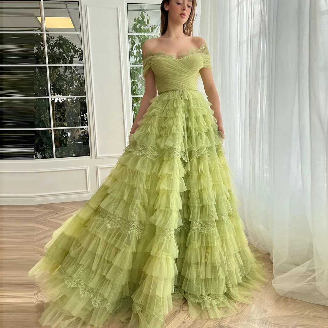 

Grass Green Long Tulle Maxi Dresses Pretty Off Shoulder Ruffles Tiered A-line Women Party Dresses Floor Length Mesh Pageant Gown