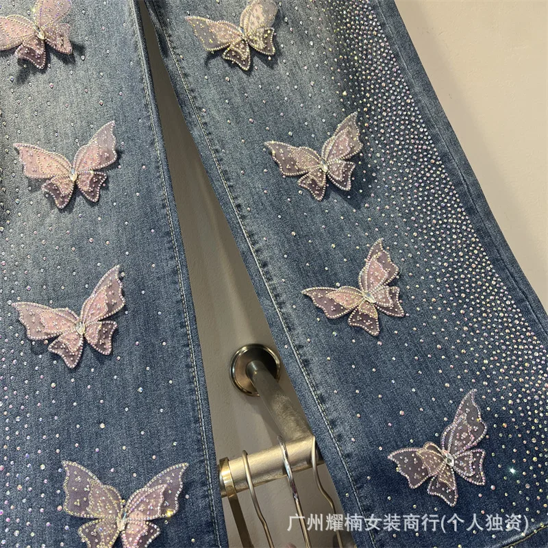 Trendy New Spring Summer Loose Women Denim Pants All-match Shiny Butterfly Hot Diamonds Drawstring Elastic Waist Straight Jeans