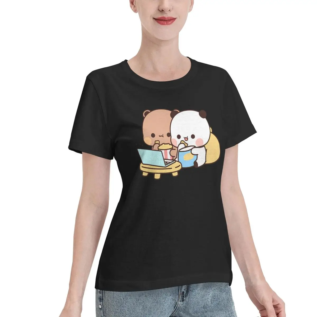Blank For Print DuDu Bear And BuBu Panda Watching Movie Together Women's T-shirt Fashion Summer Women Top