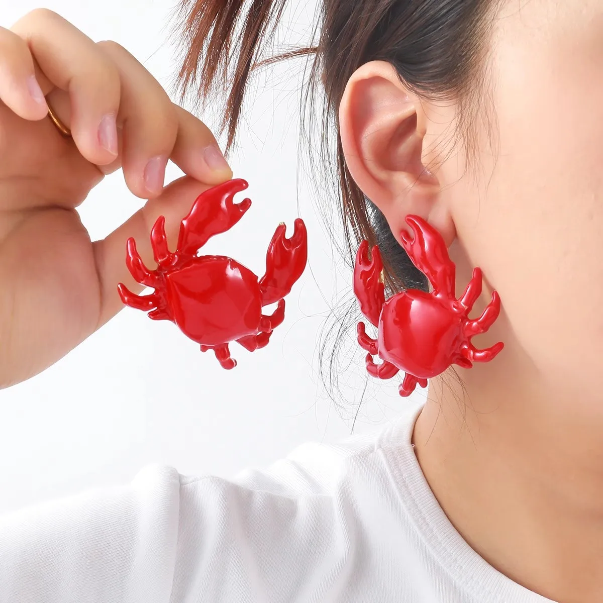 Summer Beach Ocean Leisure Style Alloy Cute Red Color Crab Shape Earrings Women's Fashion Holiday Jewelry Gifts