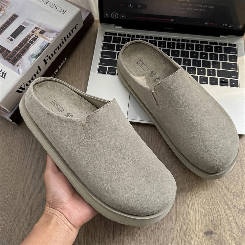 Half Shoes for Men Women Couple Mules Loafers Slippers Open-back Casual Shoes Suede Leather Slides Sandal Platform Slip On Flats