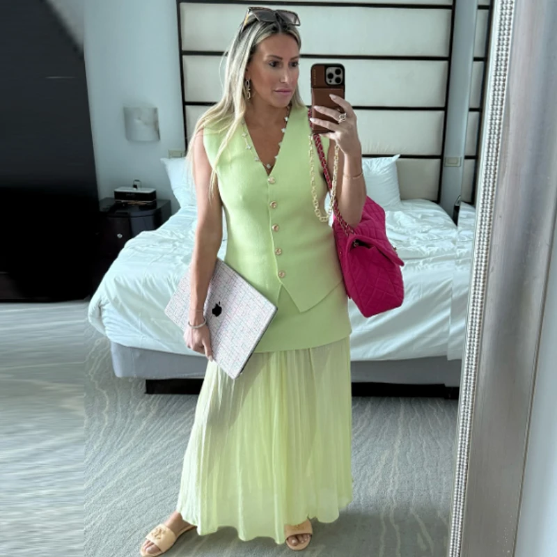 Hxao conjunto de saia verde feminino, duas peças, malha colheita, sem mangas, botão, top, colete, plissado, cintura alta, roupas de férias